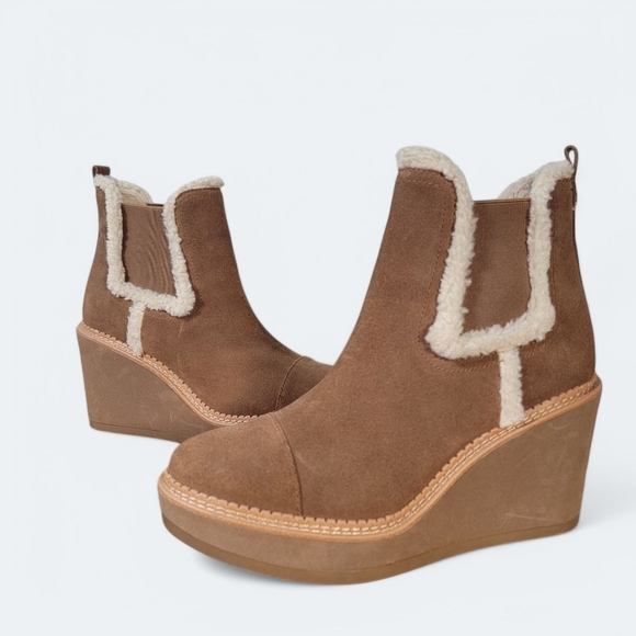 Sam Edelman Reagan Brown Suede Wedge Ankle Boots With Sherpa Trim Size 10 - Picture 17 of 17